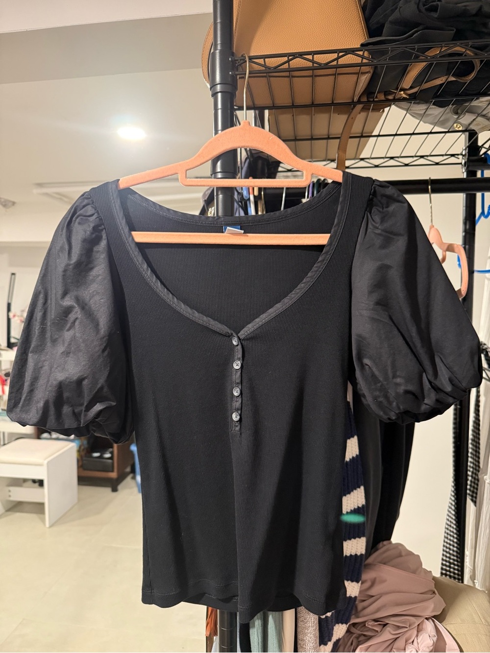 Old Navy Black Puff-Sleeve Henley Top